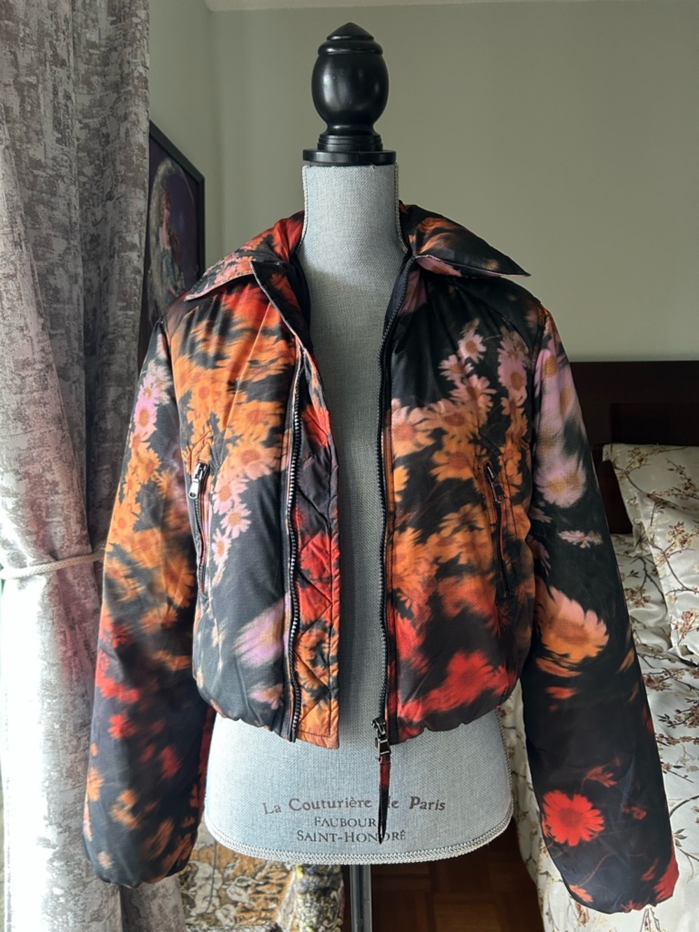 Urban Outfitters Black Multi Retro Floral Tie-Dye Cropped Puffer Jacket